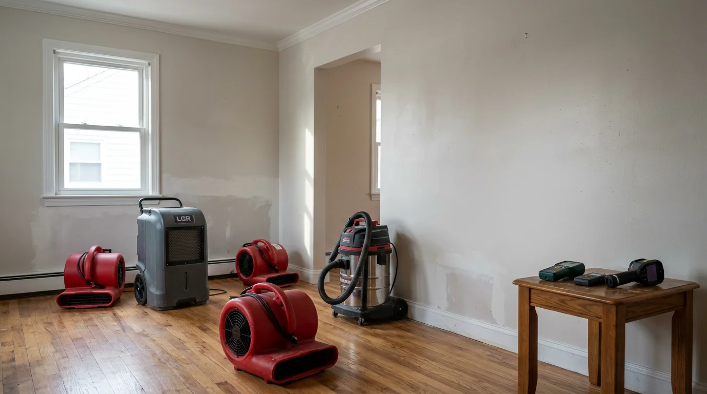 Professional emergency restoration crew assessing water and fire damage in Uniondale home
