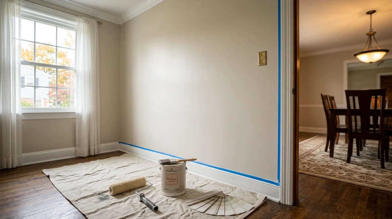 Professional painter applying fresh interior paint to residential wall in Uniondale home