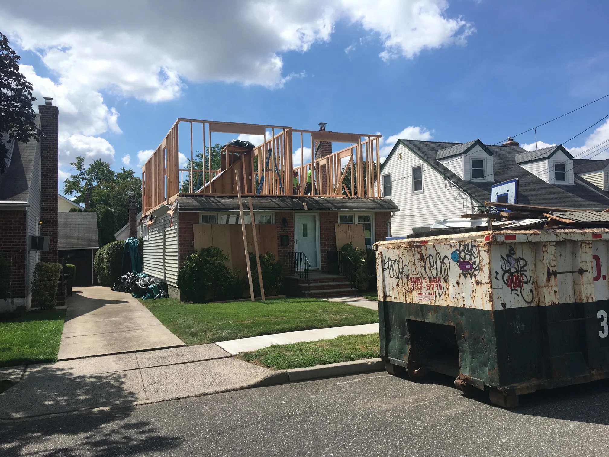 Wooden roof framing and structural bracing on residential home addition