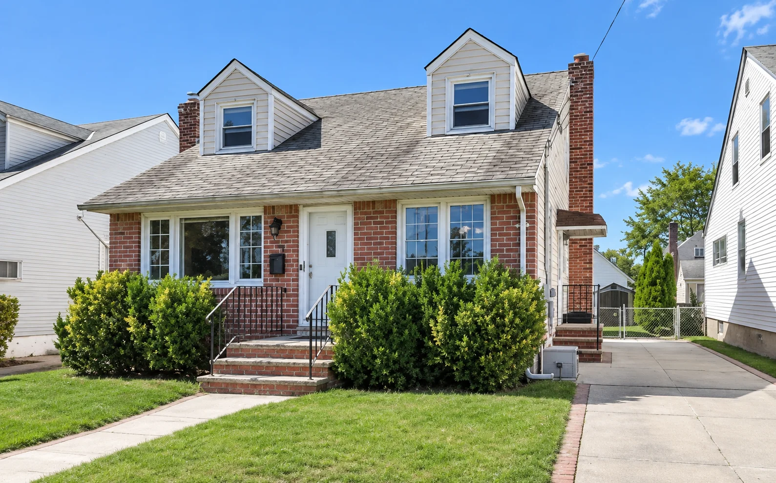 Brick colonial home with new roof, dormers, white trim, and metal railings