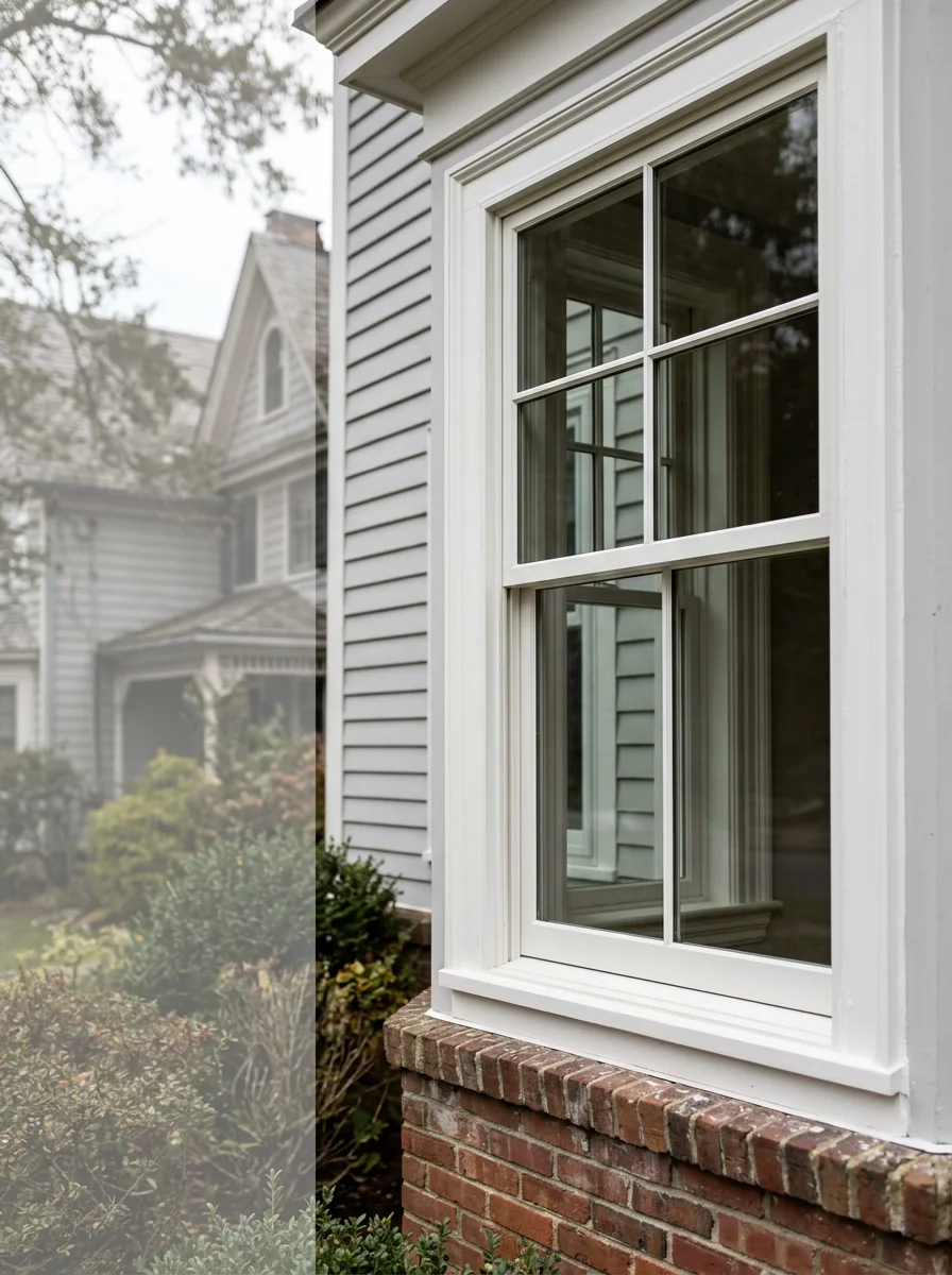 New window installation in a Victorian-era Huntington home, with exterior trim and interior moldings fitted around the replacement frame.