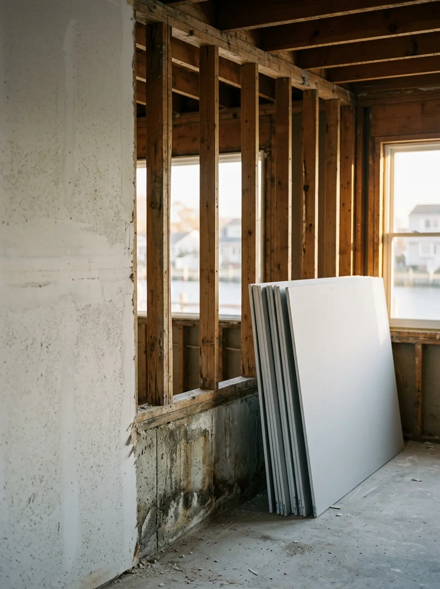 Flood-damaged lower wall drywall removed in an Islip canal-front home, with new sheet rock and framing visible before finishing work begins.