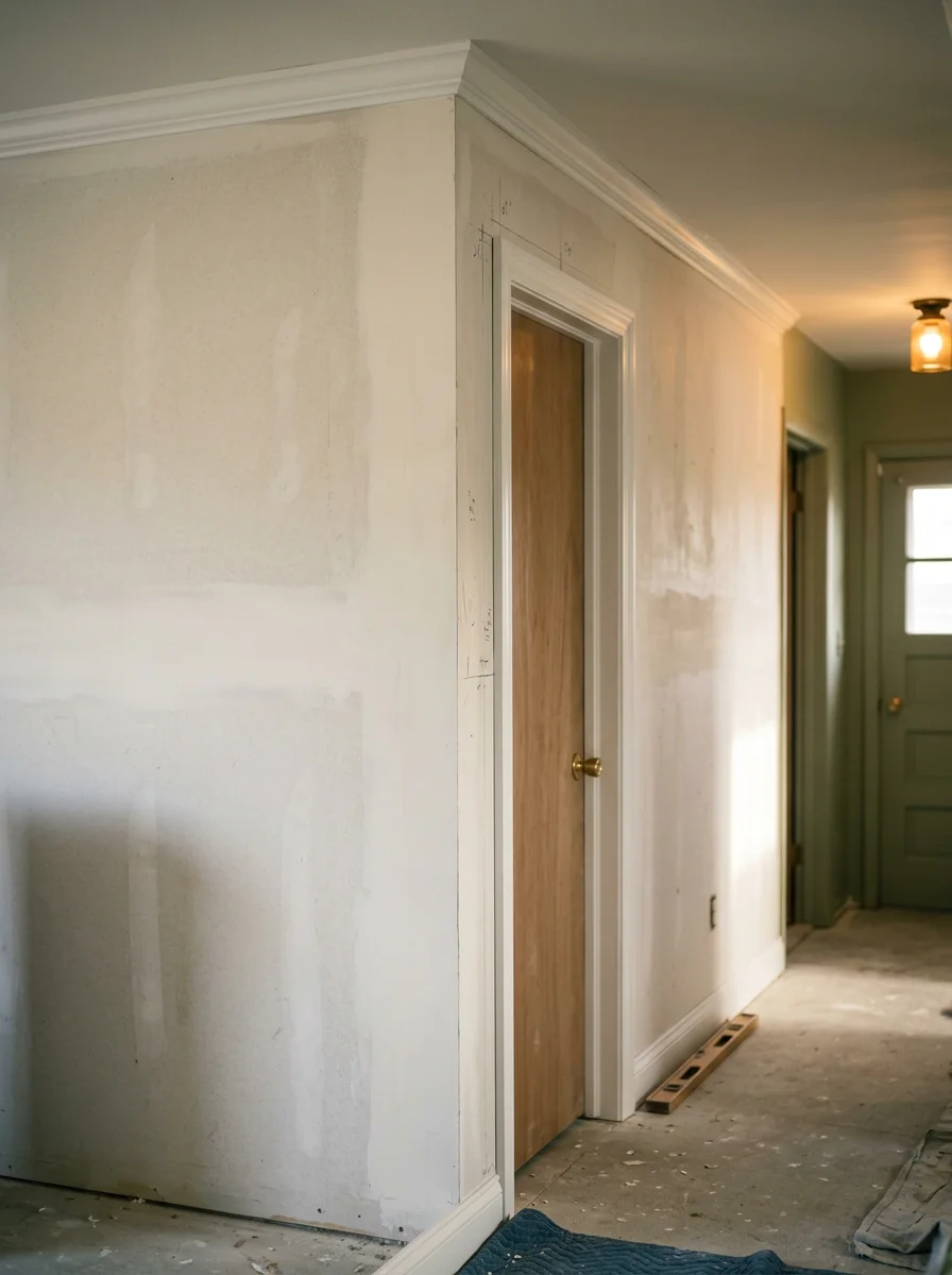 New interior door and molding installation in a Levittown ranch-style home, with primed walls ready for painting.