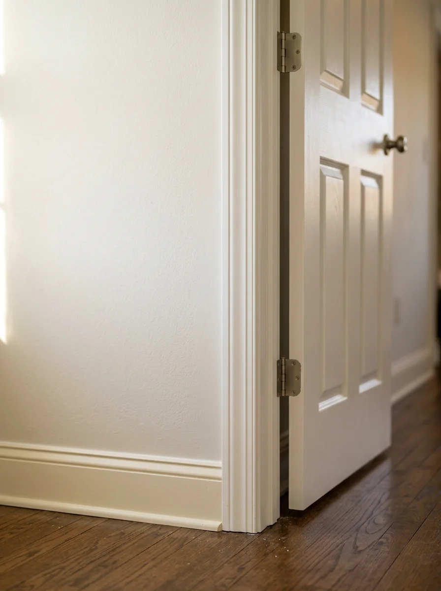 New interior door and base molding installation in a Massapequa Cape-style home following flood restoration work.