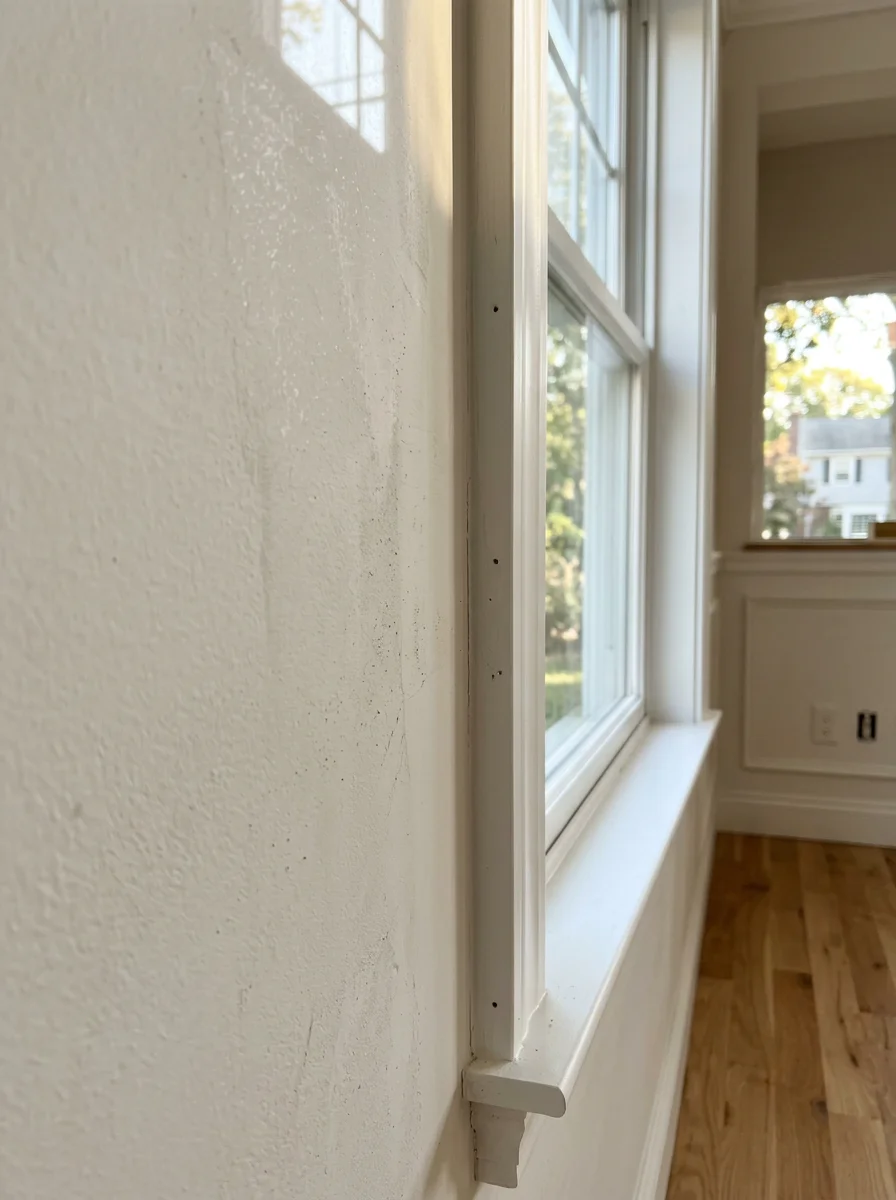 Close-up of a contractor installing new window trim and molding in a Nassau County home, with primed drywall visible in the background.