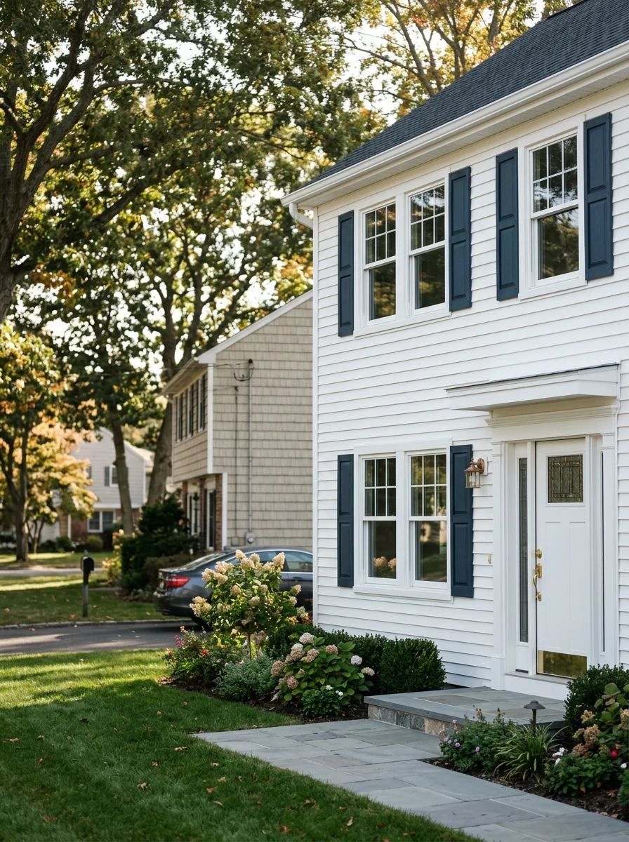 New windows and exterior door installed in a Suffolk County North Shore Colonial home, with fresh interior trim and moldings fitted around the replacement frames.