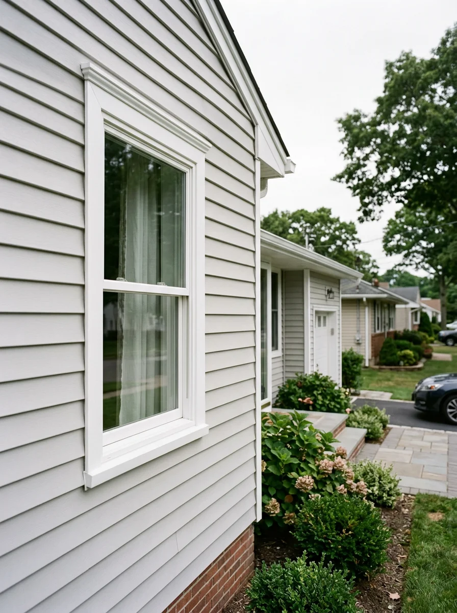 New replacement windows installed in a Wantagh postwar ranch home, with fresh exterior trim and interior moldings fitted around the frames.