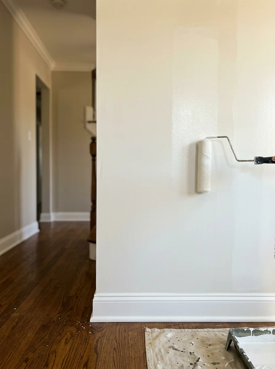 Fresh paint being applied to a newly skim-coated wall in a Westbury New Cassel neighborhood home, with new base molding installed along the floor.
