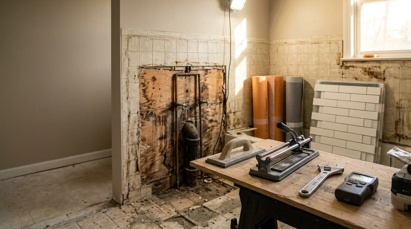 A fully remodeled bathroom in a Nassau County, NY home featuring new tile walls, a walk-in shower, and updated fixtures. The renovation replaced an outdated layout common in Long Island post-war homes with a clean, functional design.