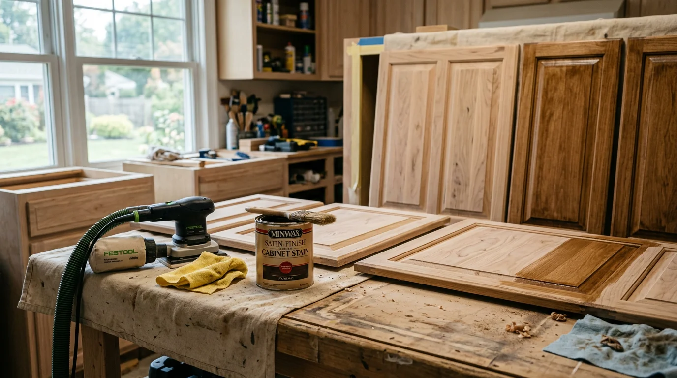 Freshly refinished kitchen cabinets in a Nassau County, NY home, showing smooth painted surfaces, updated hardware, and clean drawer fronts after professional cabinet refinishing service.