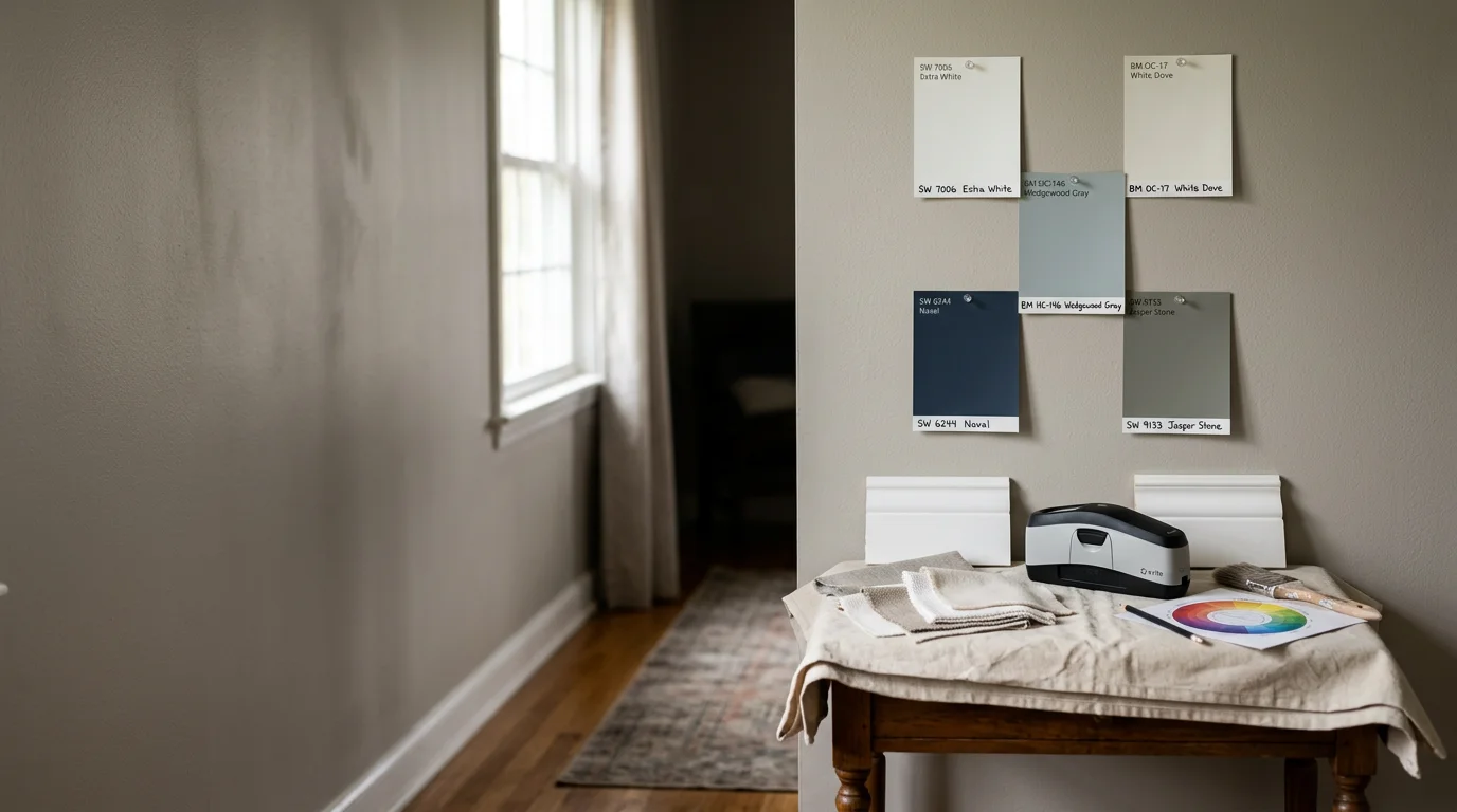 A SOS Emergency Home Services color and design consultation in progress inside a Nassau County home, with paint swatches held against a wall next to white trim in a sunlit Colonial-style living room.
