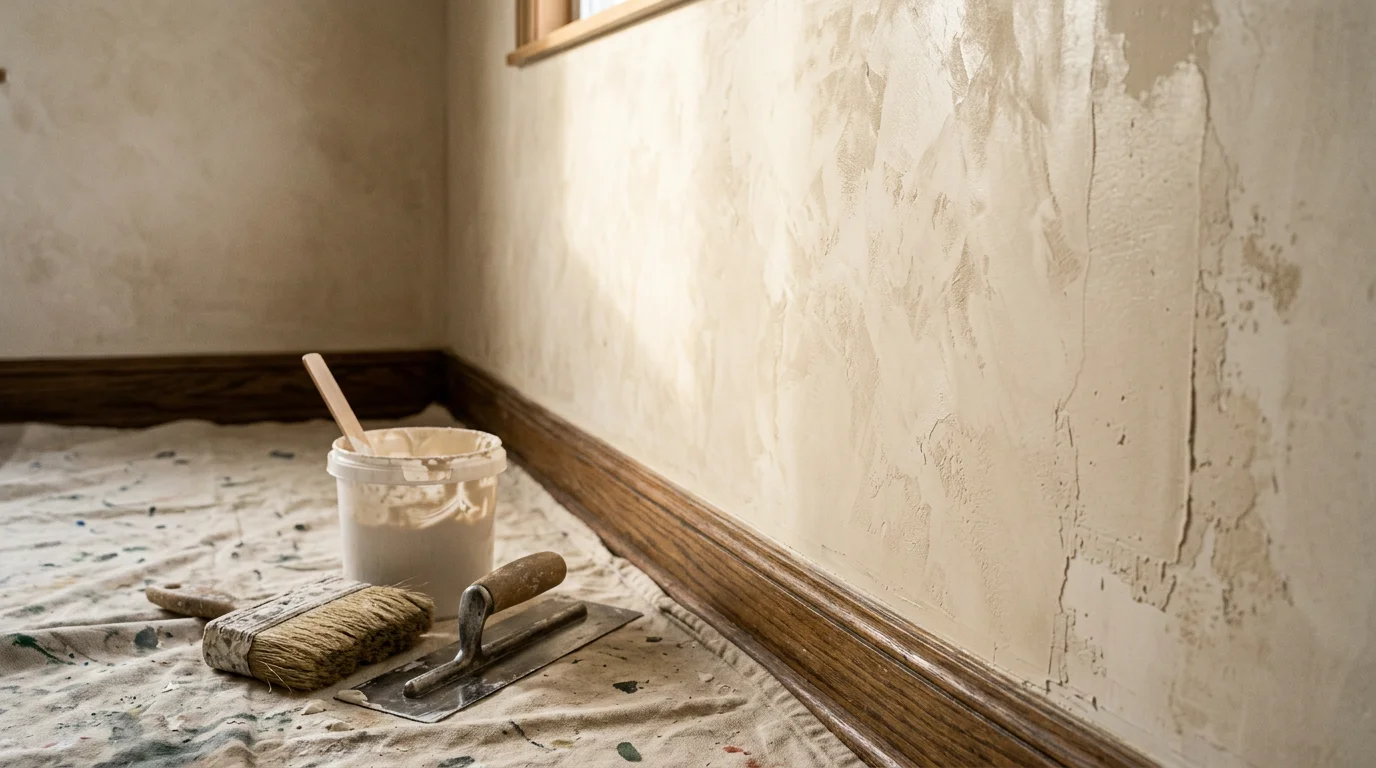 Close-up of a textured Venetian plaster decorative finish on an interior wall inside a Nassau County, NY home. The layered surface shows subtle depth and variation in tone, applied by SOS Emergency Home Services.