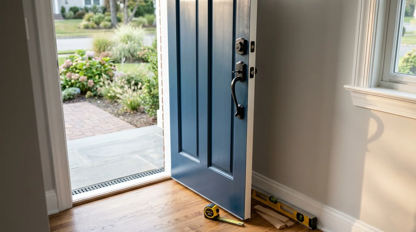 A newly installed exterior entry door on a residential home in Nassau County, NY, with a clean frame fit and updated hardware. The door faces a typical Long Island suburban streetscape.