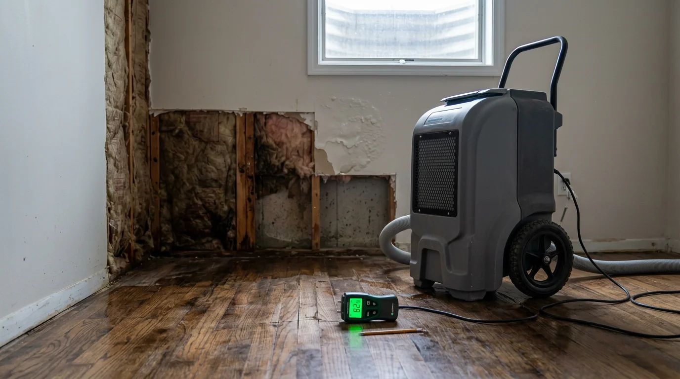 Commercial air movers and dehumidifiers set up in a water-damaged living room in Nassau County, NY, with moisture meters placed along baseboards to track structural drying progress. Wet drywall and exposed subfloor show active drying in progress after a flooding event.