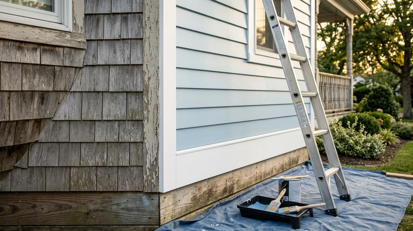 A freshly painted two-story home exterior in Nassau County, NY, showing clean white siding and dark trim with no peeling or weathering. The finished surface reflects professional prep and finish work suited to Long Island's coastal climate.