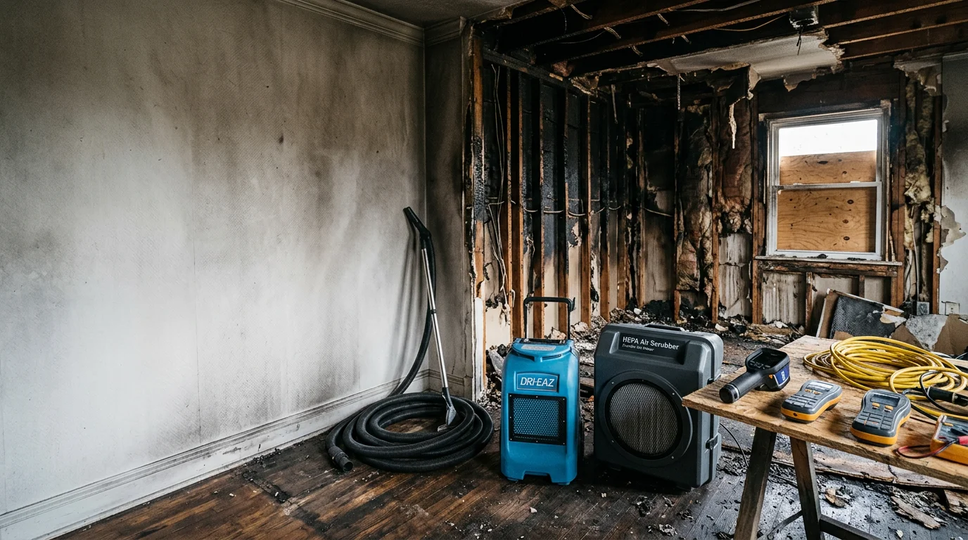 Interior of a Nassau County home showing fire and smoke damage to kitchen walls and ceiling before restoration. Soot-covered surfaces and charred cabinetry visible in a post-war single-family home.
