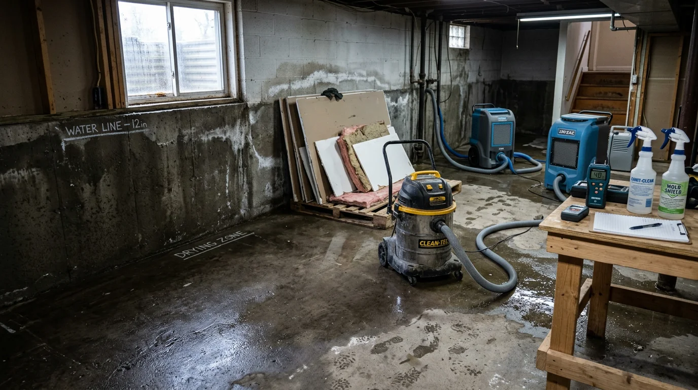 A Nassau County home interior after professional flood cleanup, showing dried and cleared floors with removed water-damaged drywall and restoration equipment staged in the room. The space is clean, dry, and prepared for repair work following storm flooding.