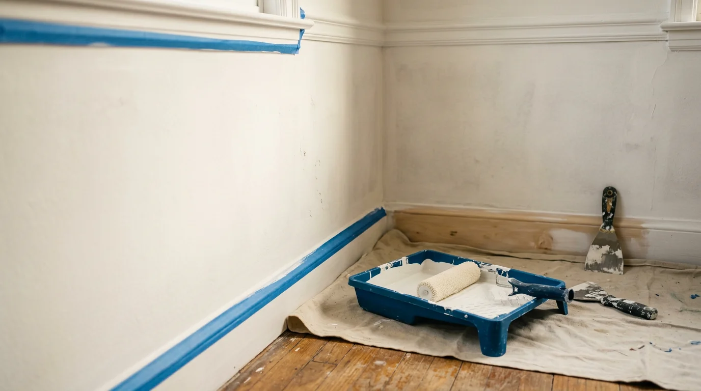 Freshly painted interior living room in a Nassau County, NY home, showing clean white trim, smooth walls, and sharp paint lines around window casings and baseboards.