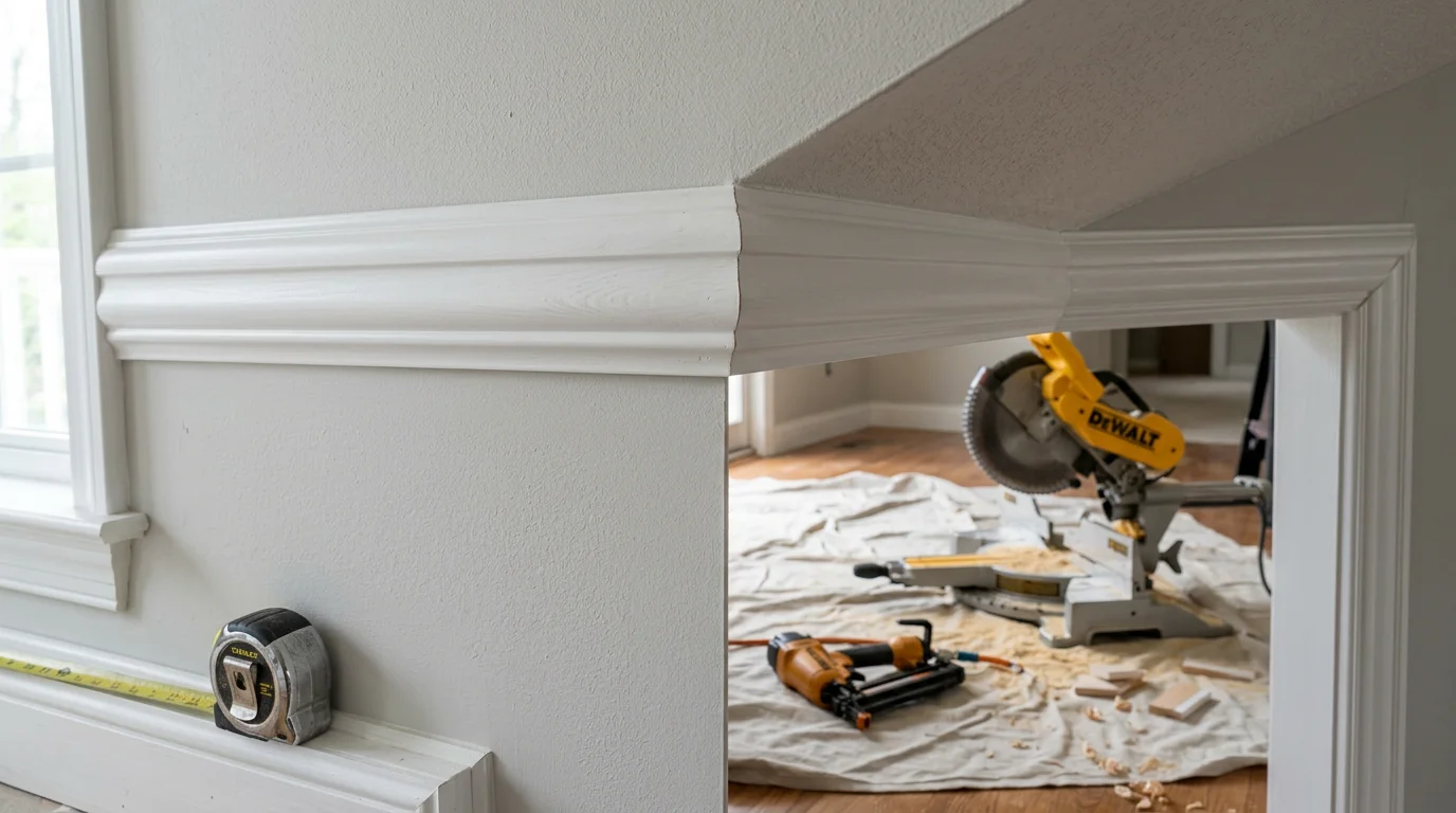 Freshly installed crown molding and white baseboards in a renovated living room of a Nassau County, NY home. Clean corner joints and painted trim frame the walls and ceiling with a polished, finished look.