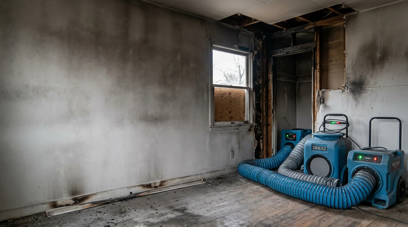 Interior of a Nassau County home showing soot-stained walls and ceiling after a fire, with restoration work in progress to remove smoke residue from surfaces and ductwork.