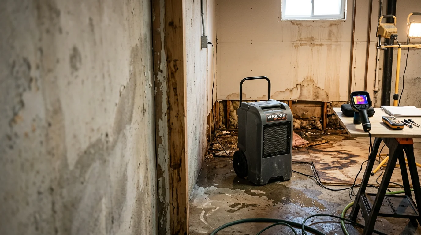 A Nassau County home basement after water damage restoration, showing dried and cleared flooring with dehumidification equipment in place. The space reflects the post-flood recovery process common in Long Island's South Shore communities.